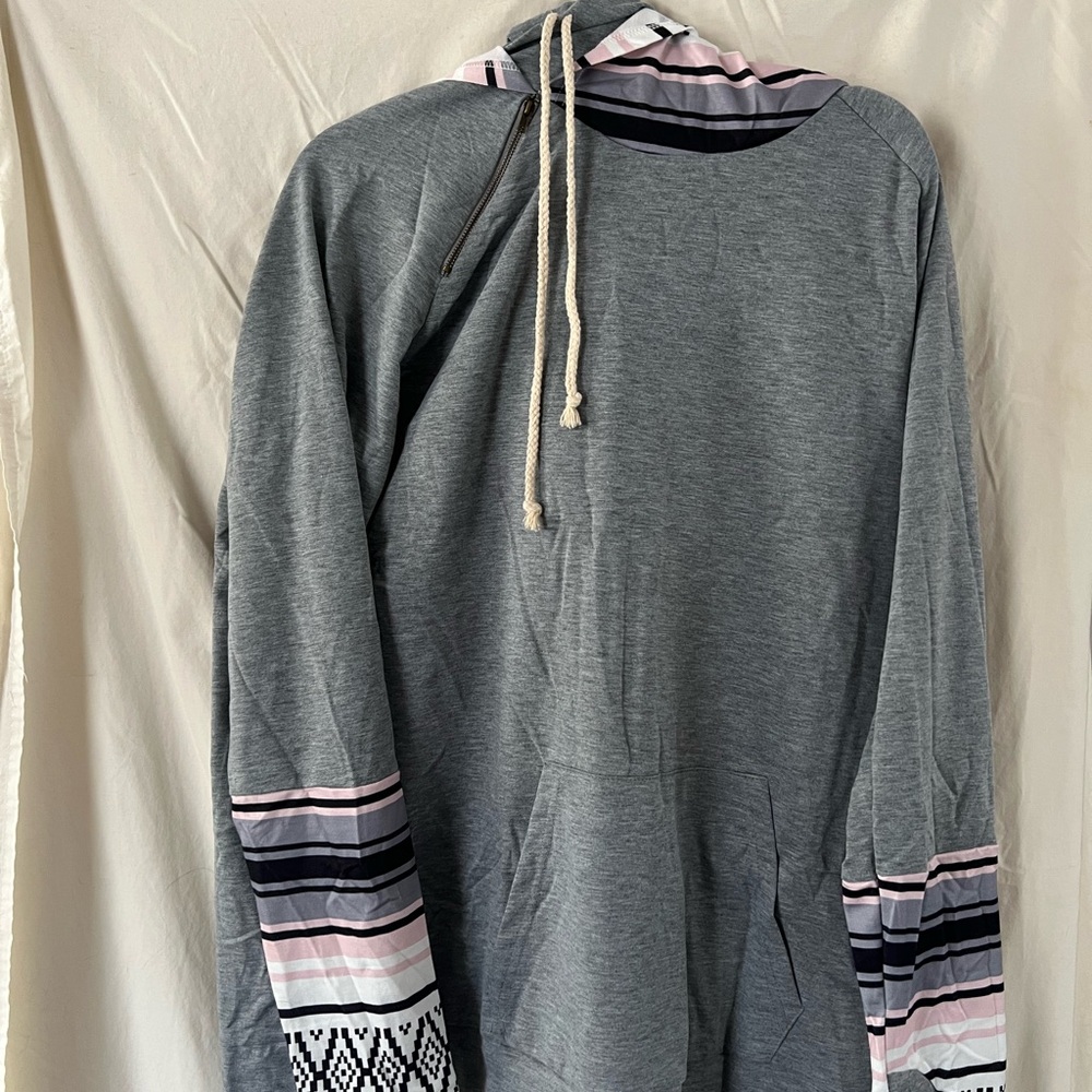 Gray Hoodie with Long Striped Sleeves.